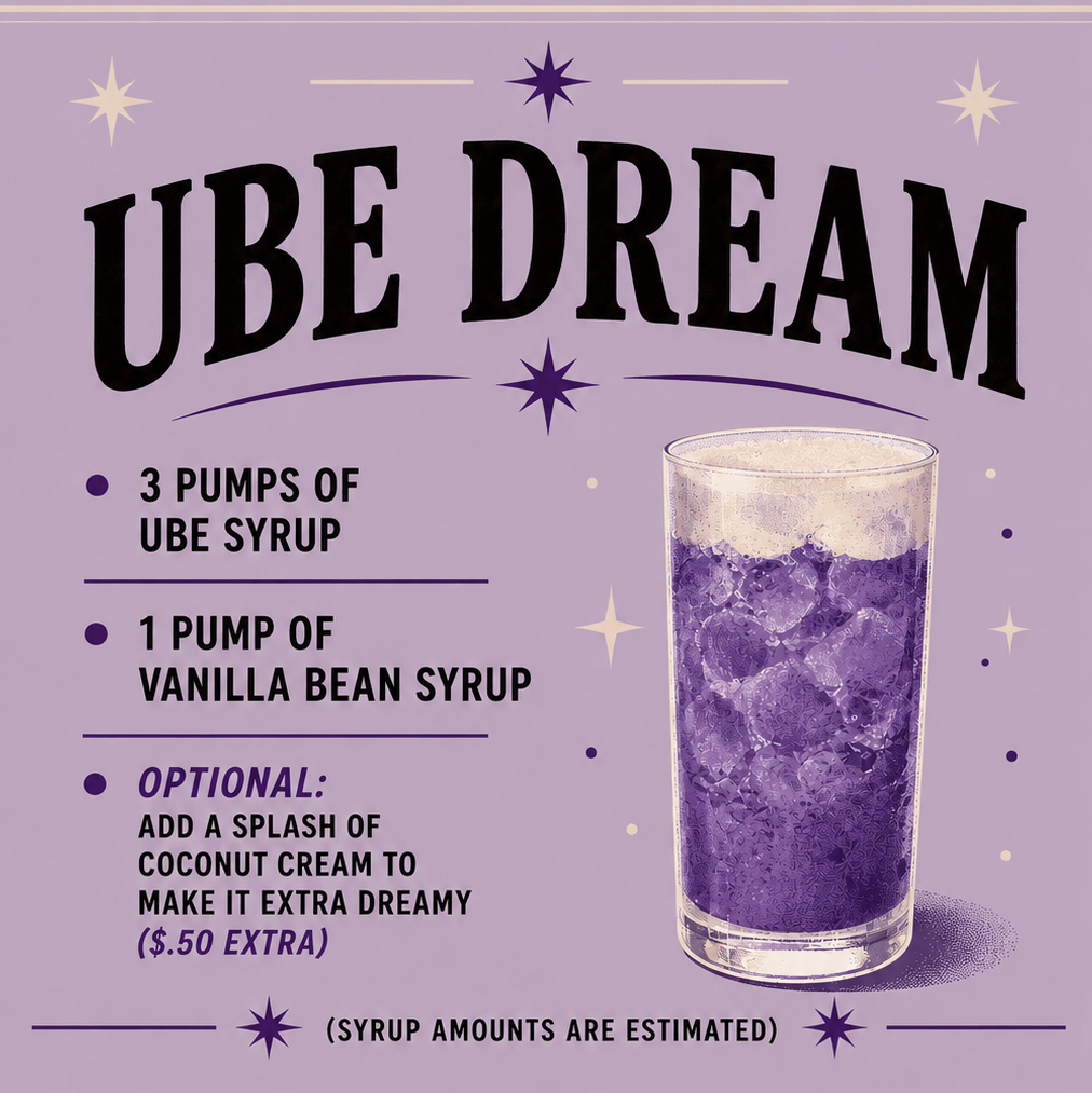 Recipe card for a purple ube dream drink with syrup amounts and an optional ingredient on a purple background.