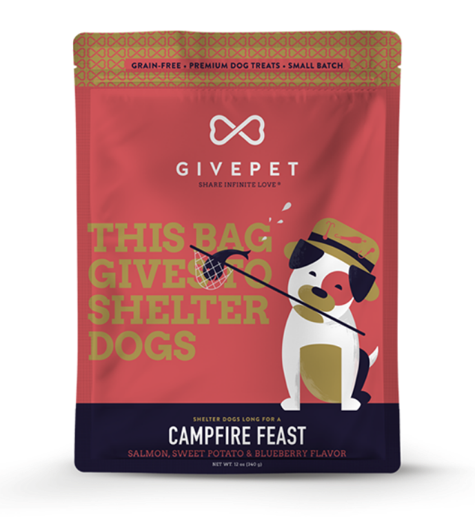 Dog food package with Givepet branding and a dog illustration on a white background