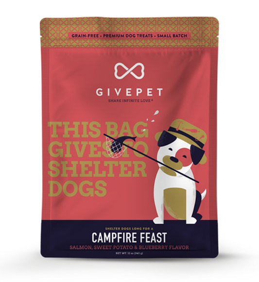 Dog food package with Givepet branding and a dog illustration on a white background