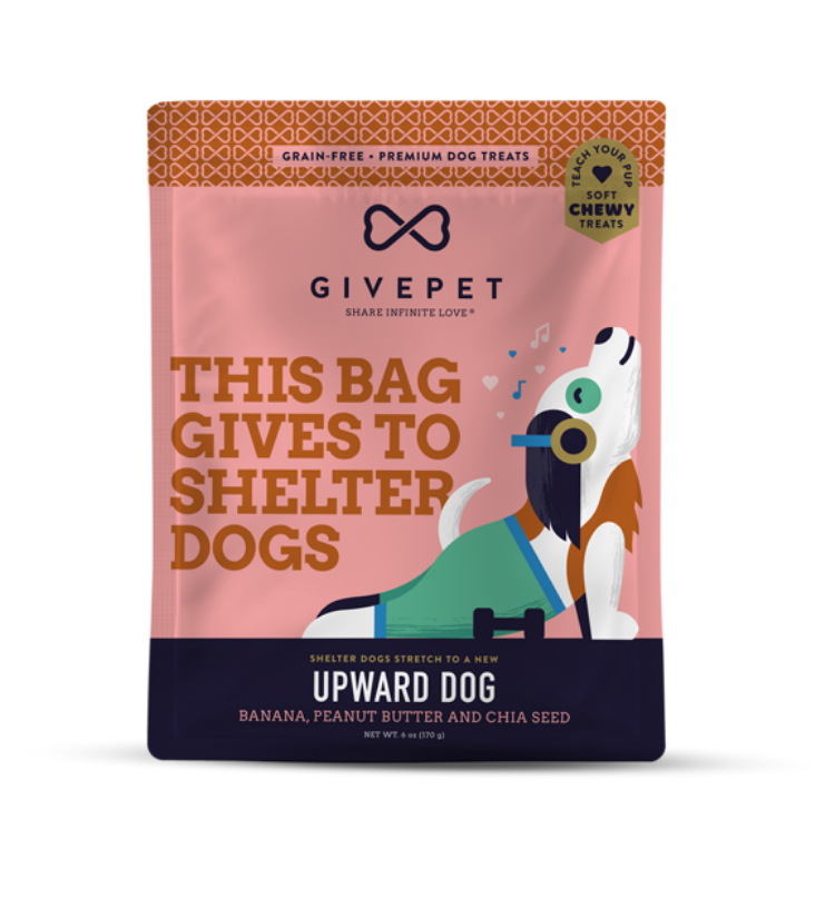 Dog treat package from GivePet with a pink background and dog illustration.