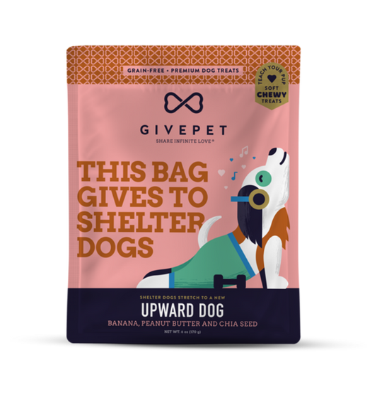 Dog treat package from GivePet with a pink background and dog illustration.