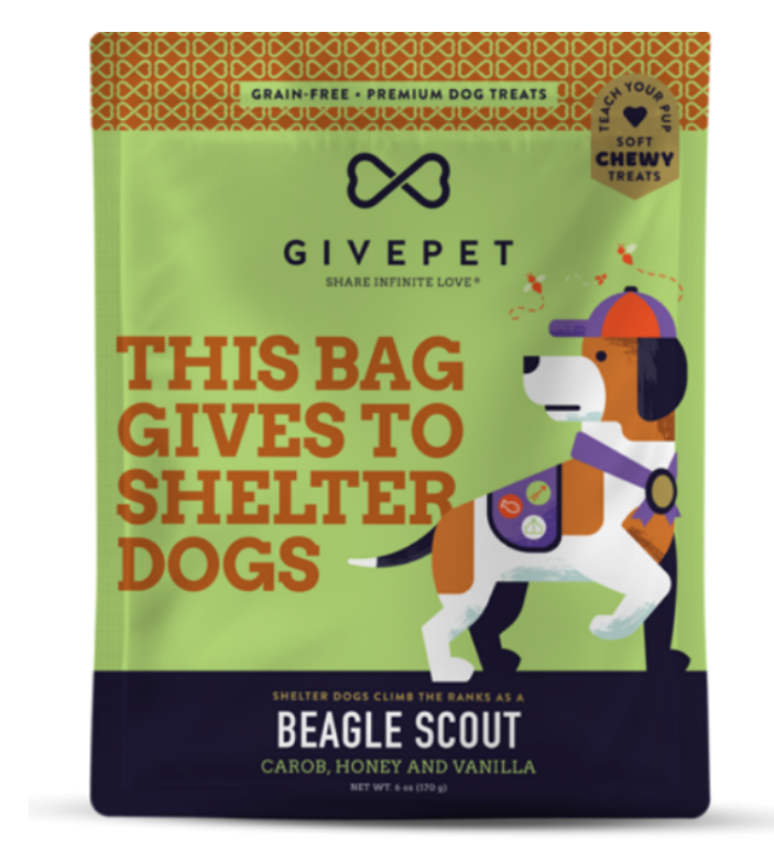 Dog treat package with Givepet branding and a dog illustration on a white background