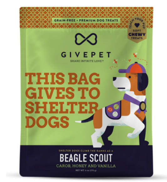 Dog treat package with Givepet branding and a dog illustration on a white background
