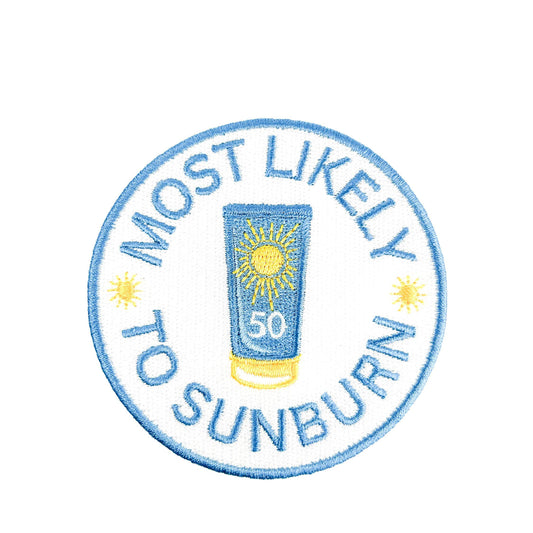 Embroidered patch with a sunblock tube and text 'Most Likely to Sunburn' on a white background