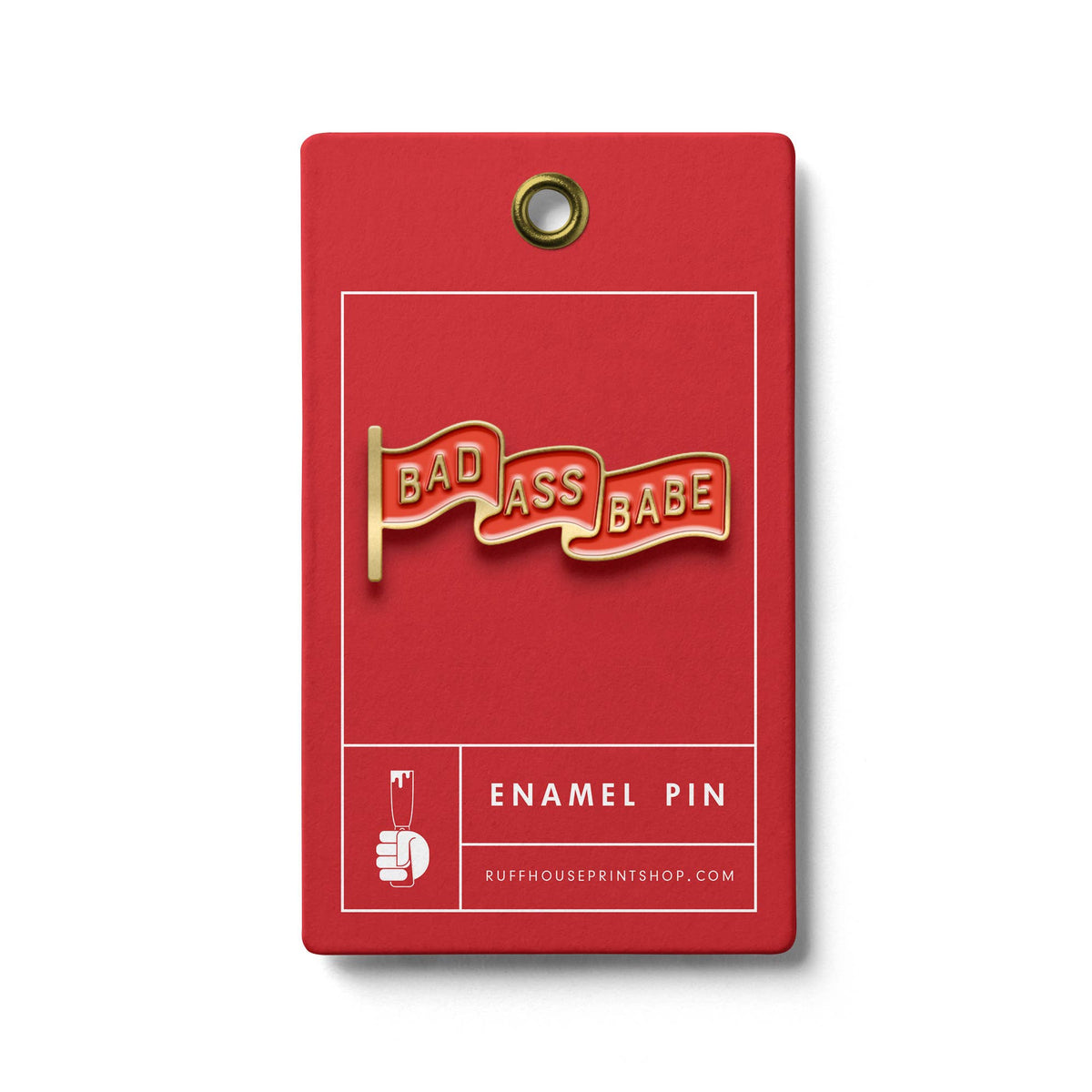 Enamel pin with 'Bad Ass Babe' design on a red card