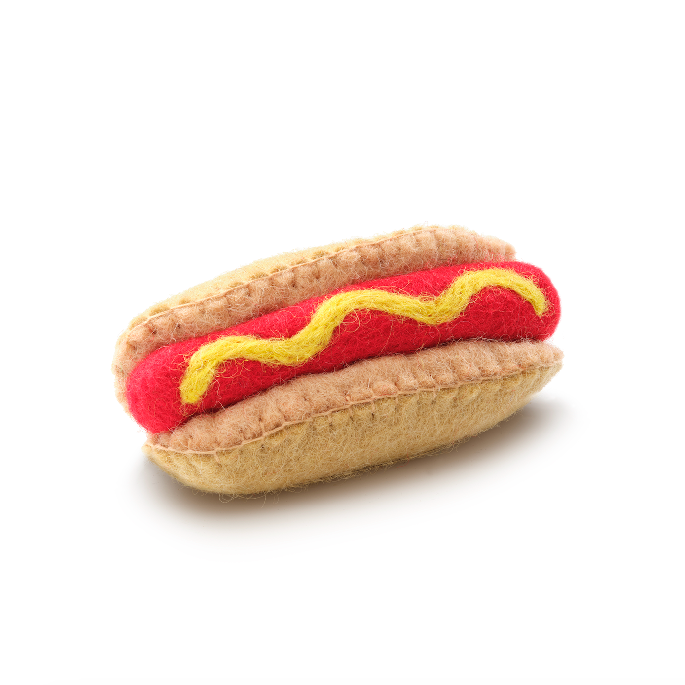 Felt hot dog cat toy with mustard on a white background