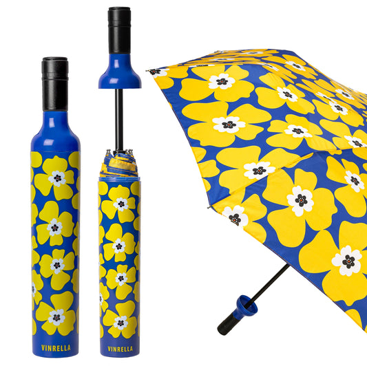 Floral-patterned umbrella with blue and yellow design, featuring the brand 'Vinrella'.