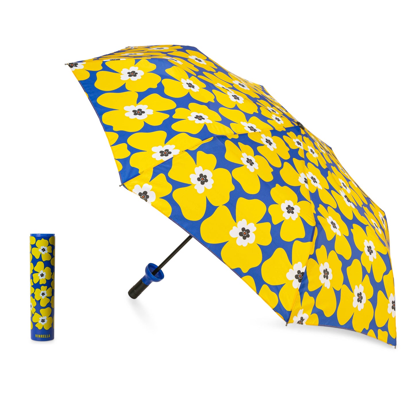 Floral-patterned umbrella with a matching folded version on a white background