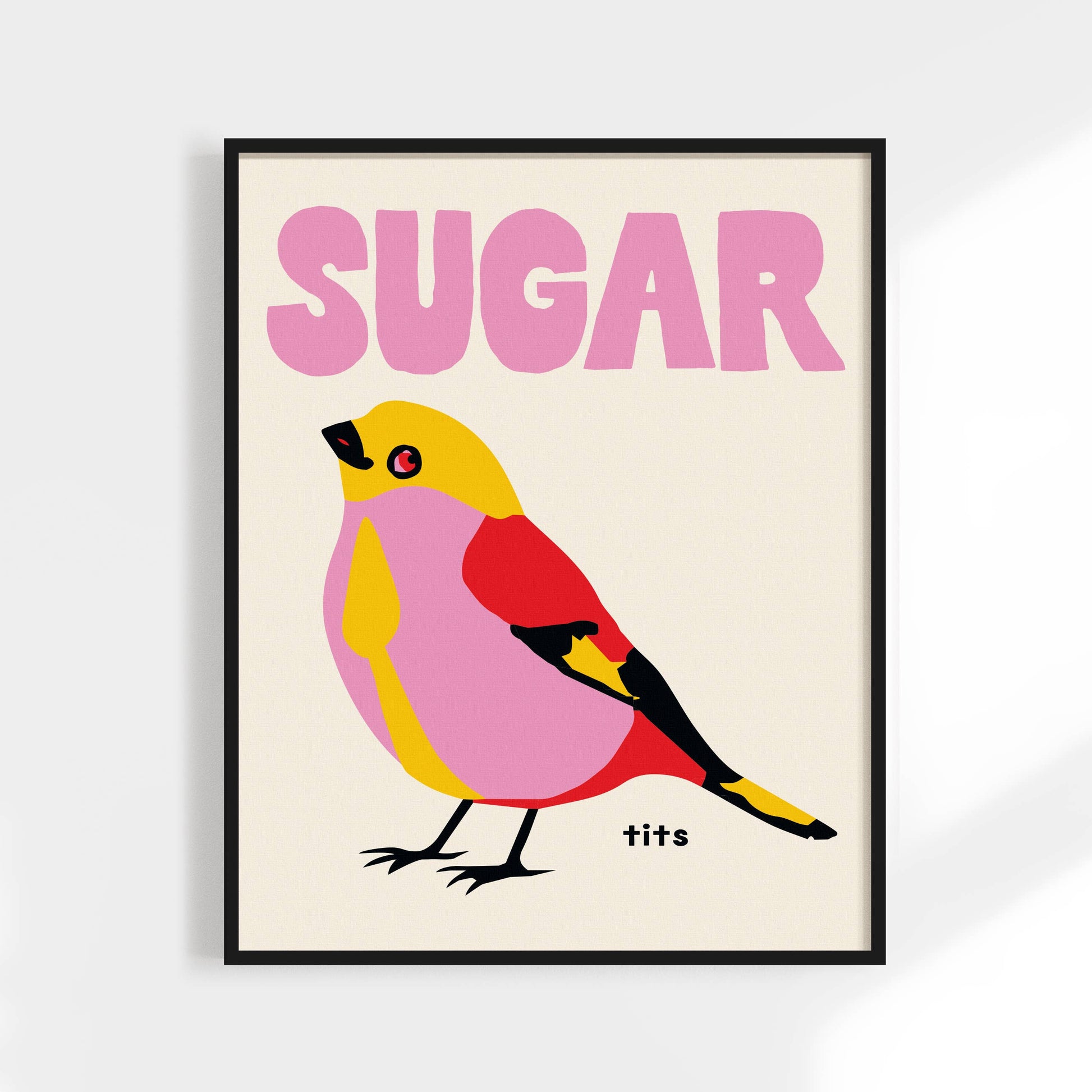 Framed artwork of a colorful bird with 'SUGAR' text on a beige background