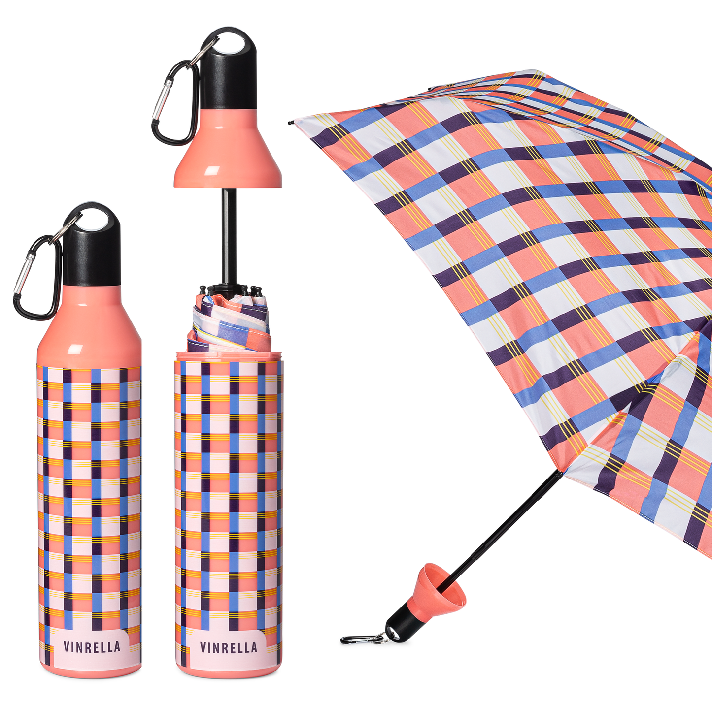 Vinrella umbrella and water bottle with plaid design on a white background