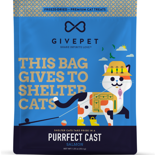Blue bag of Givepet cat treats with a colorful cat illustration on a white background