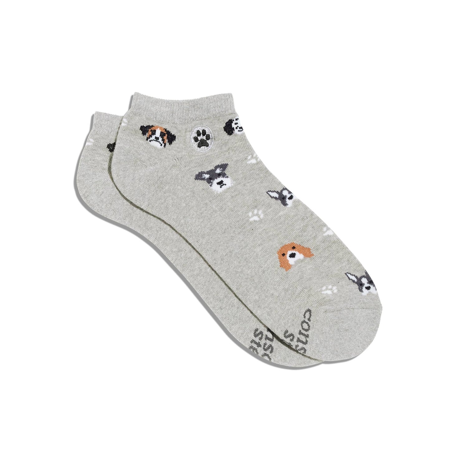 Gray ankle socks with dog and paw print pattern on a white background