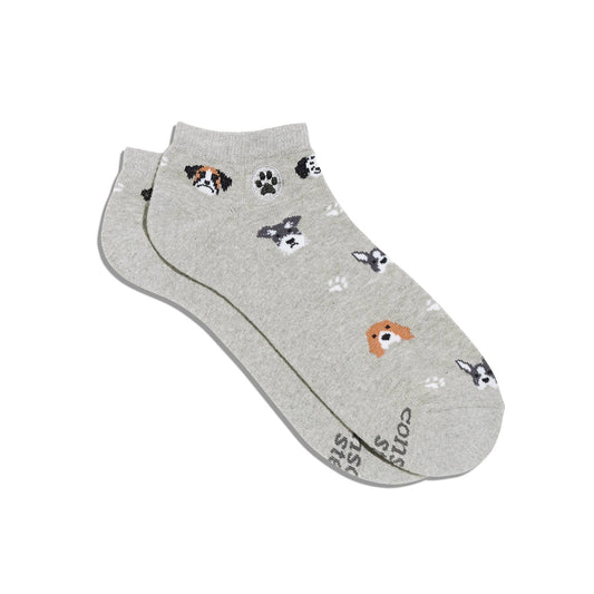 Gray ankle socks with dog and paw print pattern on a white background