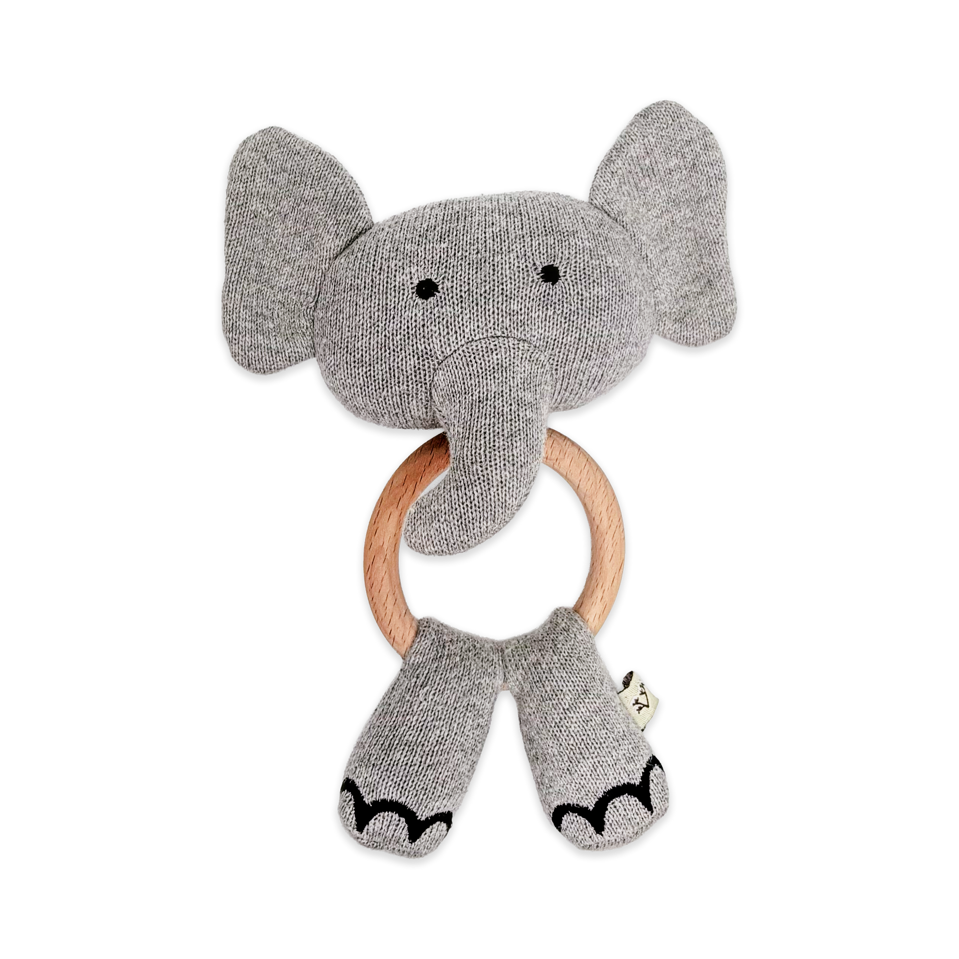 Gray elephant rattle with wooden ring on a white background