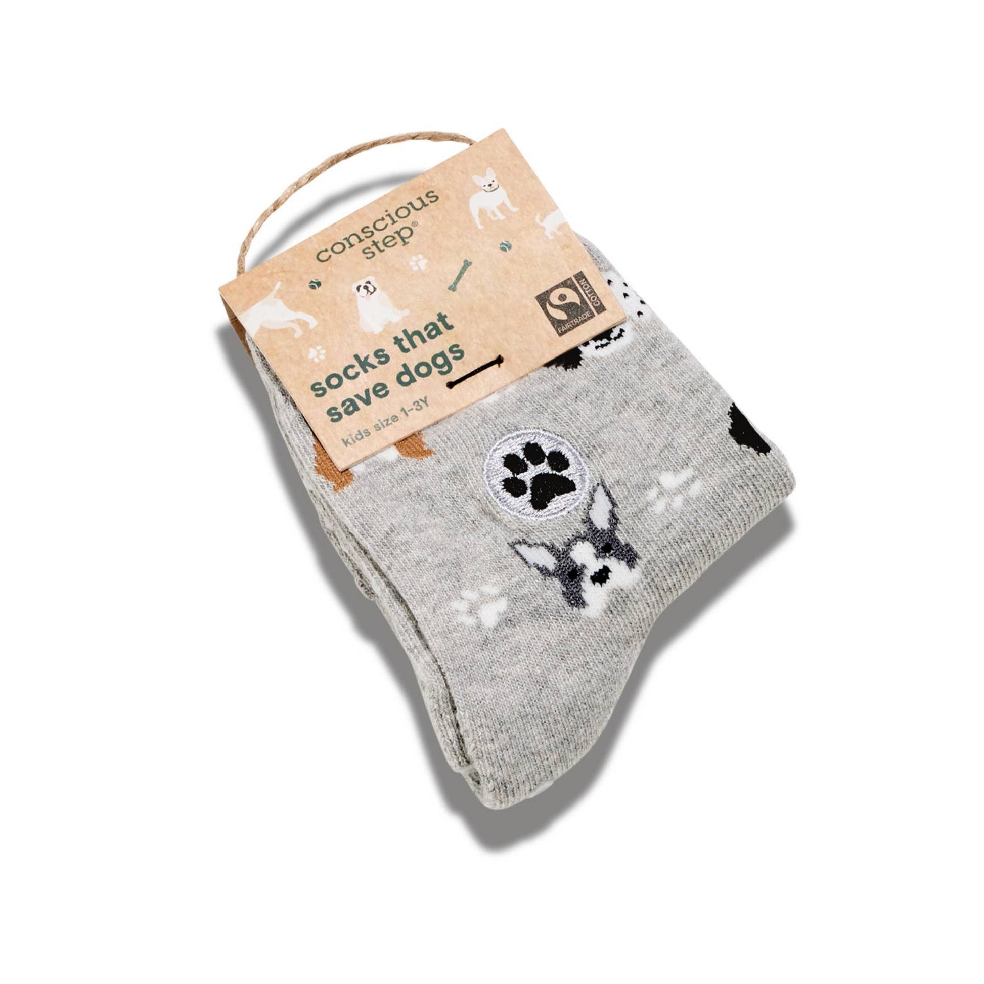 Gray sock with dog design and 'conscious step' packaging on a white background