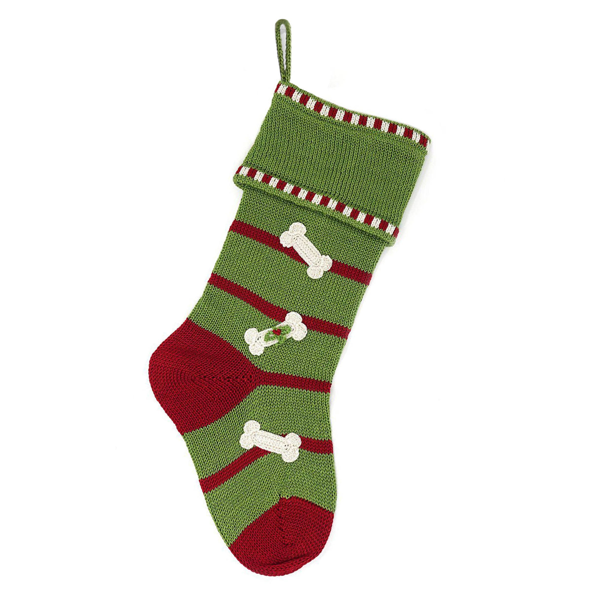 Green and red striped dog stocking with bone designs on a white background
