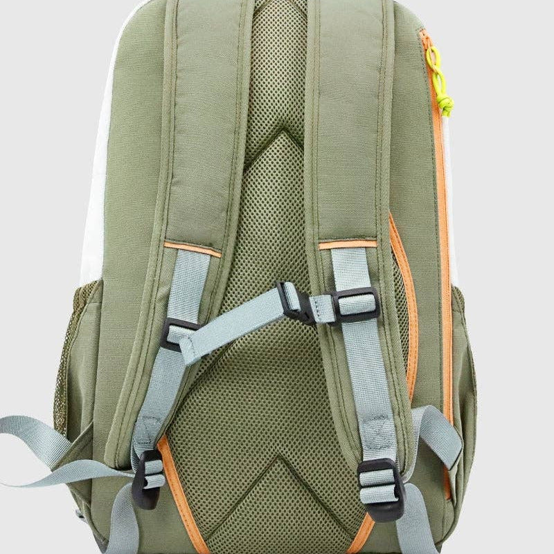 Green backpack with orange accents on a light gray background