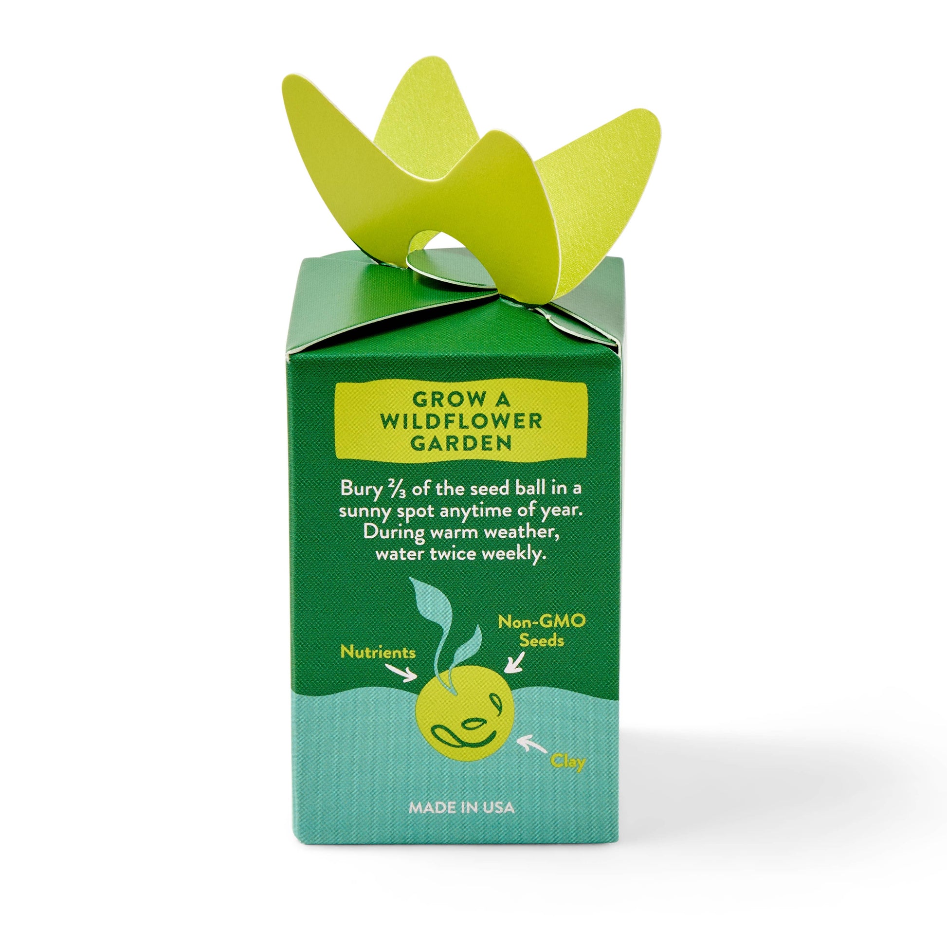 Green box with yellow seedling on top labeled 'Grow a Wildflower Garden' on a white background