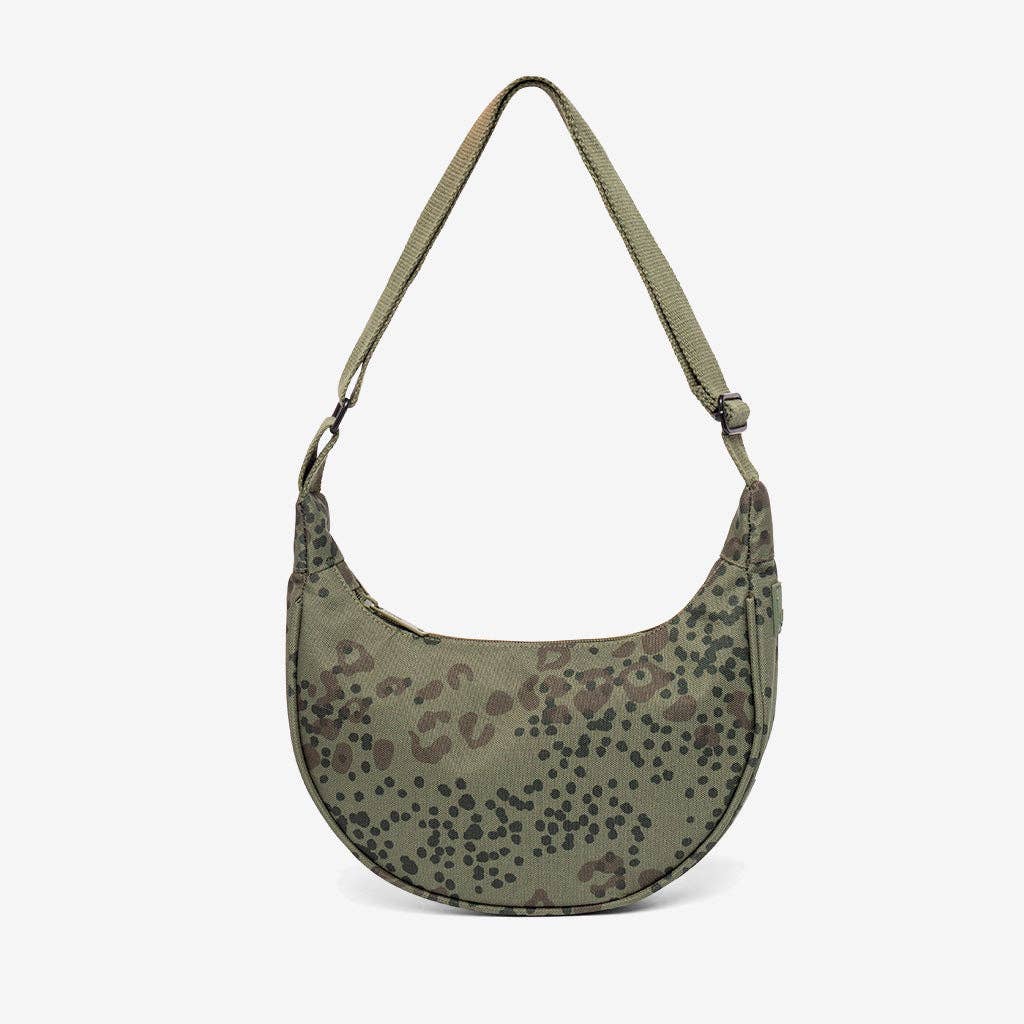 Green shoulder bag with camouflage pattern on a white background