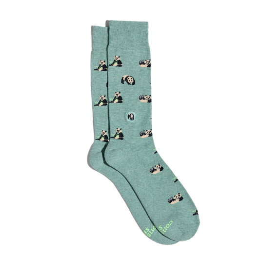 Green socks with panda pattern on a white background