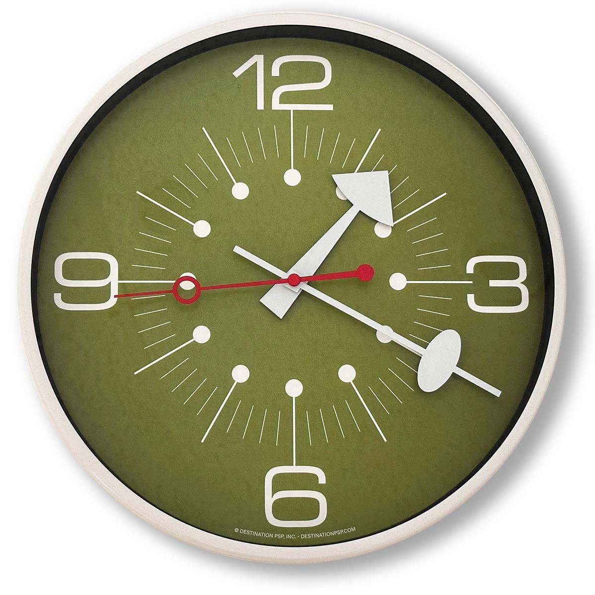 Green wall clock with white and red details on a white background