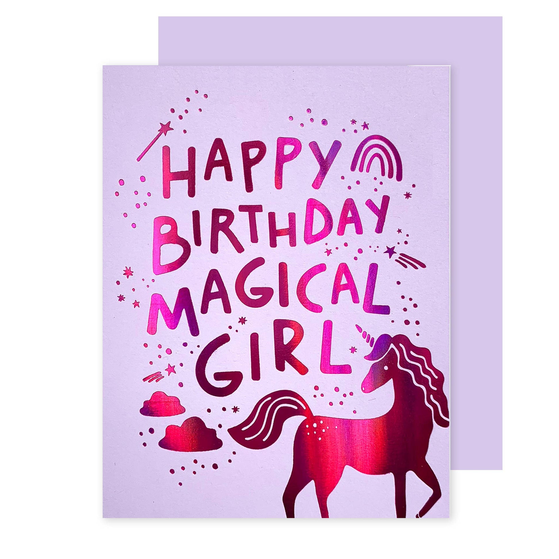 Greeting card with 'Happy Birthday Magical Girl' text and a unicorn illustration on a purple background.