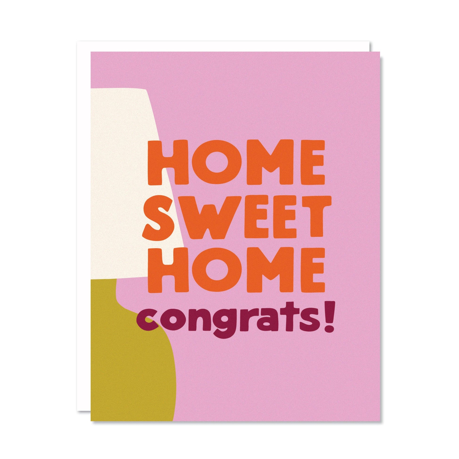 Greeting card with 'Home Sweet Home Congrats!' text on a pink background