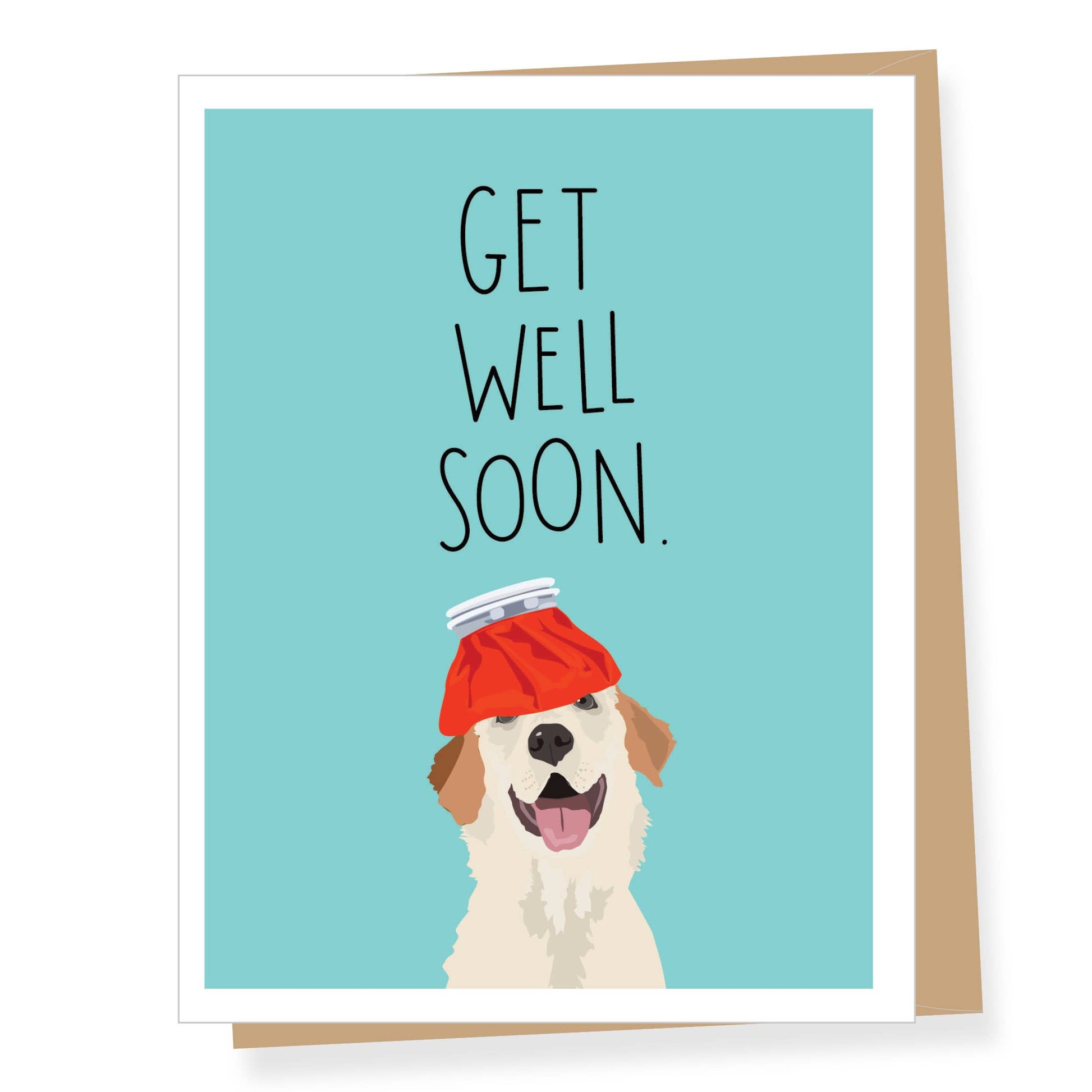 Greeting card with a dog wearing a red beanie and 'Get Well Soon' text on a blue background.