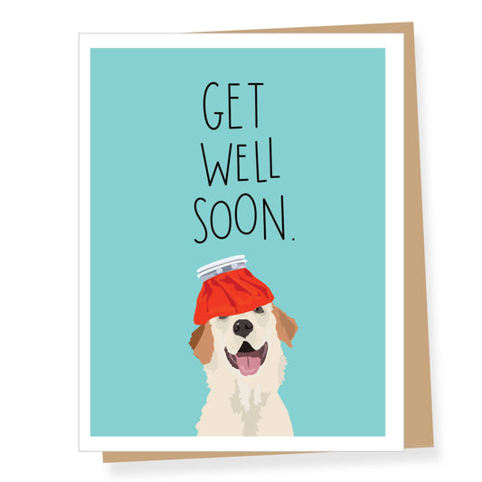 Greeting card with a dog wearing a red beanie and 'Get Well Soon' text on a blue background.