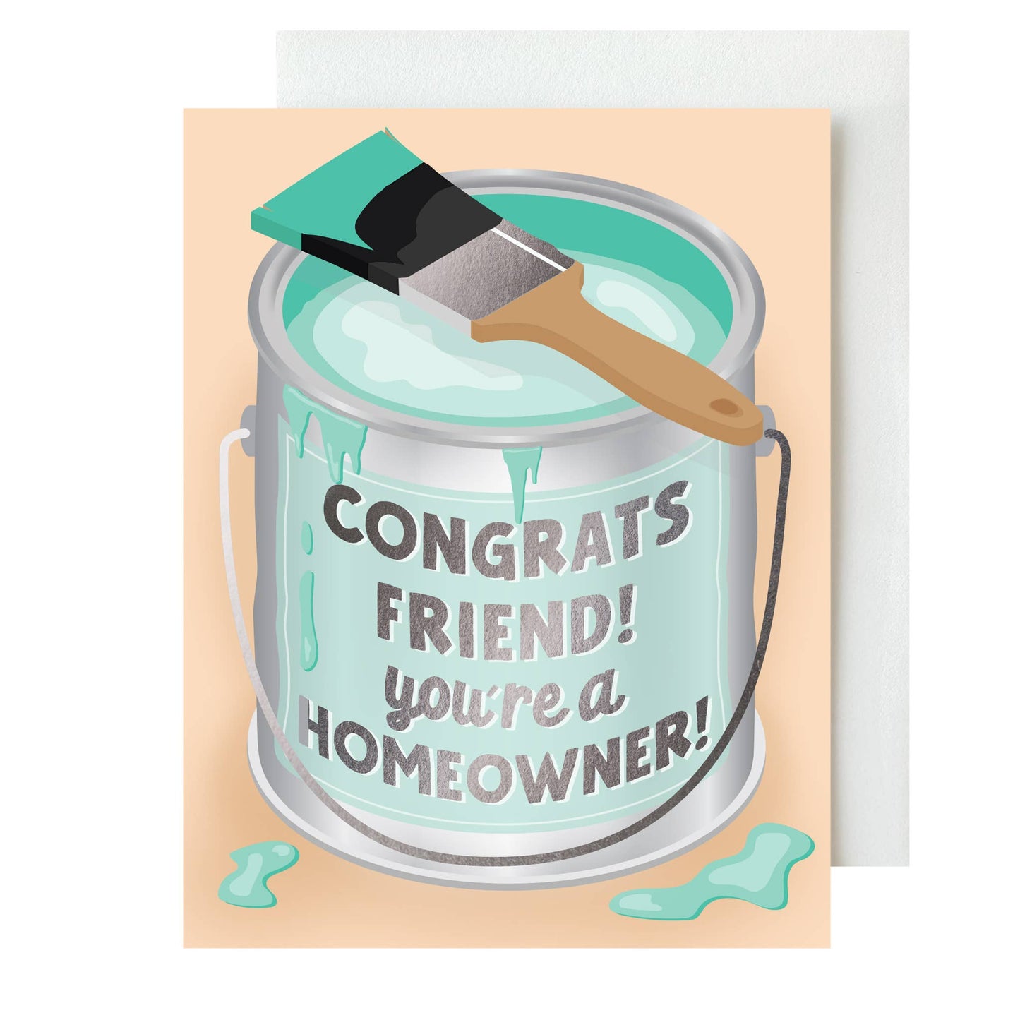 Greeting card with a paint can and brush, featuring text 'Congrats friend! You're a homeowner!' on a beige background.