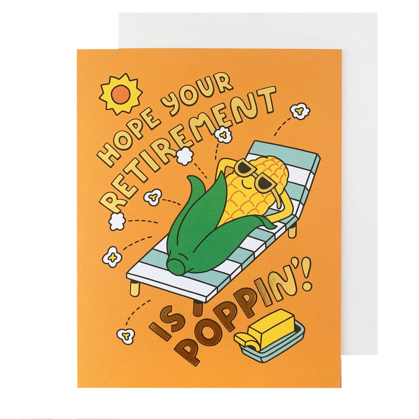 Greeting card with a pineapple character relaxing on a beach chair and text 'Hope your retirement is poppin!'.