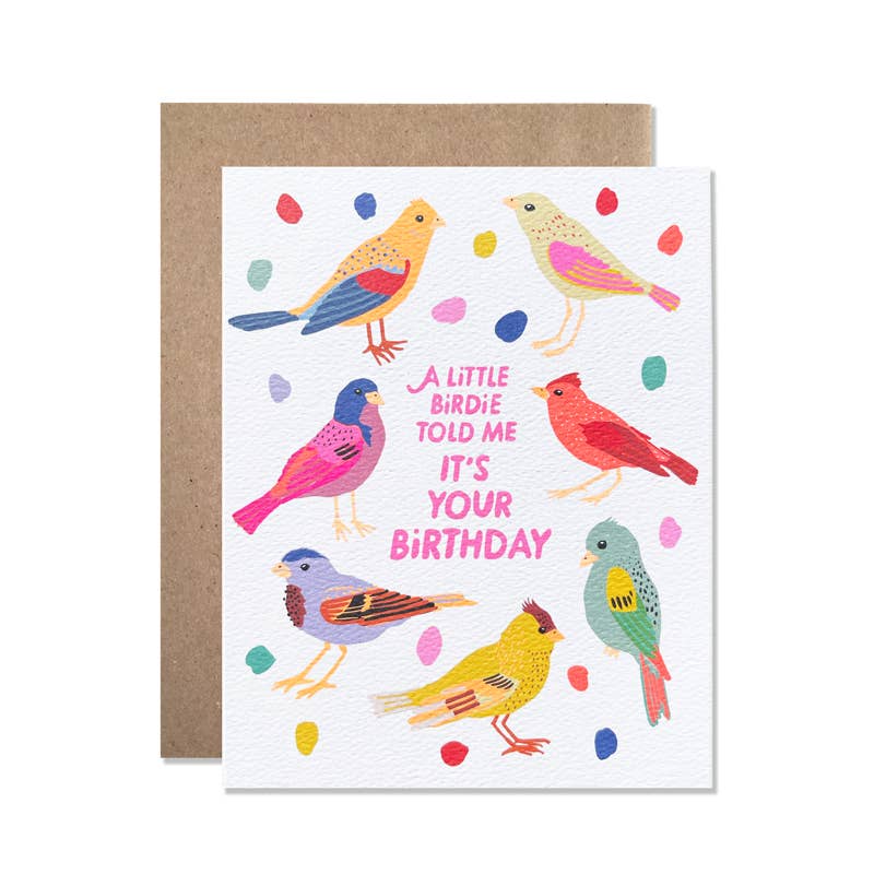 Greeting card with colorful birds and birthday message on a white background