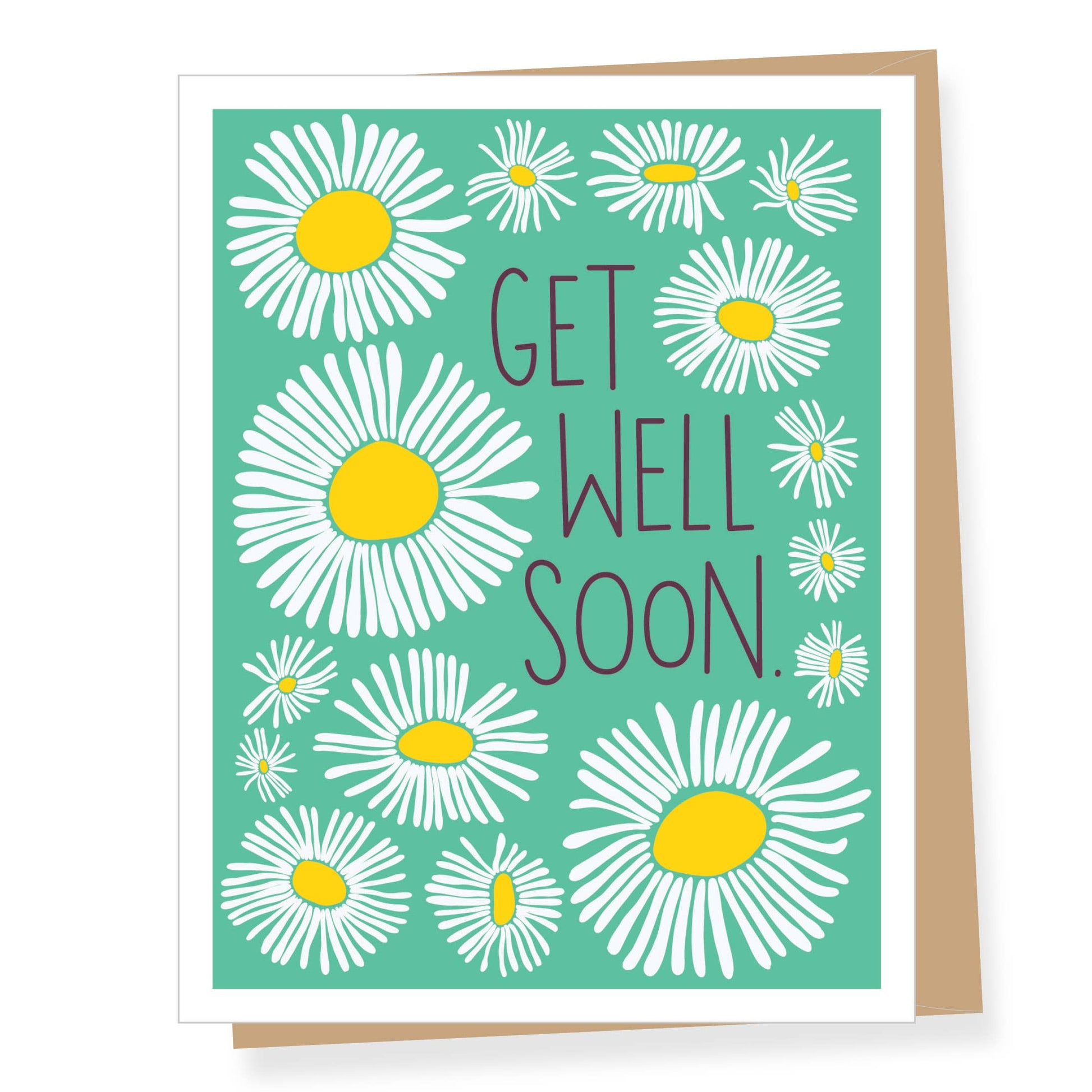 Greeting card with daisy flowers and 'Get Well Soon' text on a green background