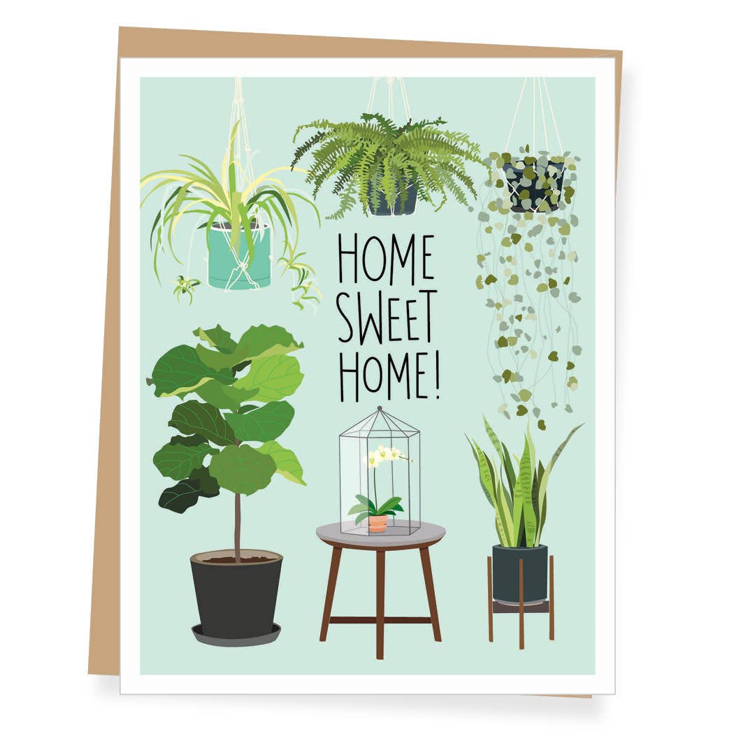 Greeting card with illustrations of potted plants and 'Home Sweet Home' text on a light green background.