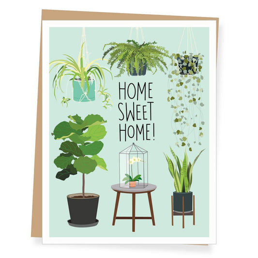 Greeting card with illustrations of potted plants and 'Home Sweet Home' text on a light green background.