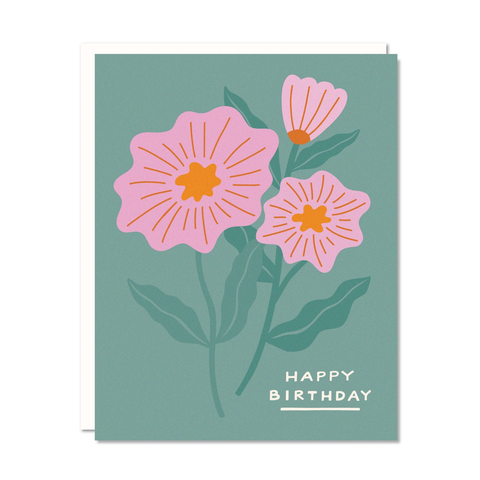 Greeting card with pink flowers and 'Happy Birthday' text on a green background
