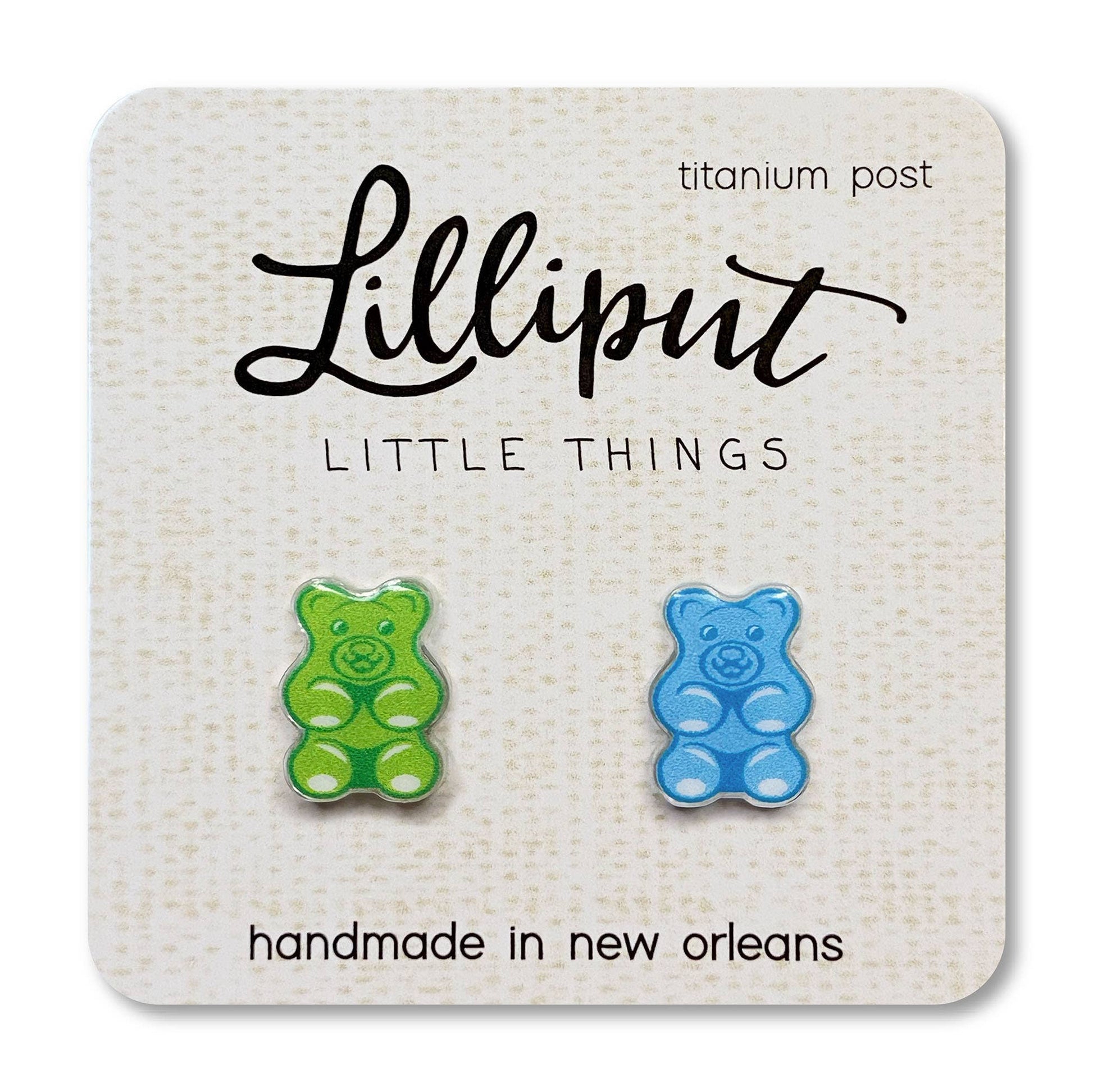 Gummy bear-shaped earrings on a Lilliput Little Things card with 'handmade in New Orleans' text.