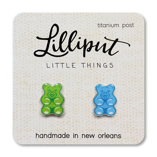 Gummy bear-shaped earrings on a Lilliput Little Things card with 'handmade in New Orleans' text.