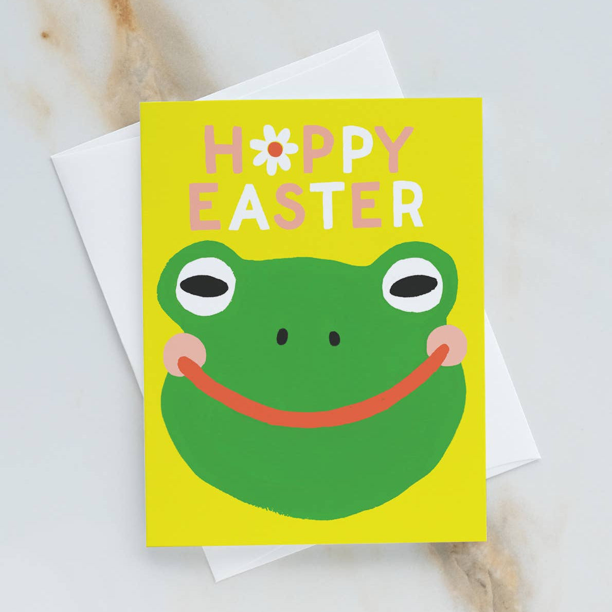 Happy Easter card with a green frog illustration on a yellow background