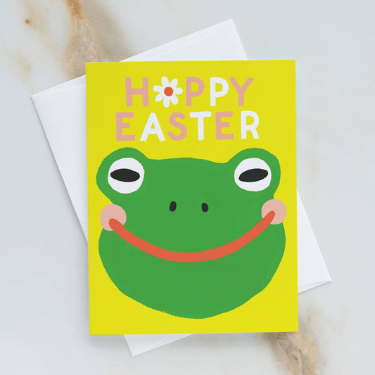 Happy Easter card with a green frog illustration on a yellow background
