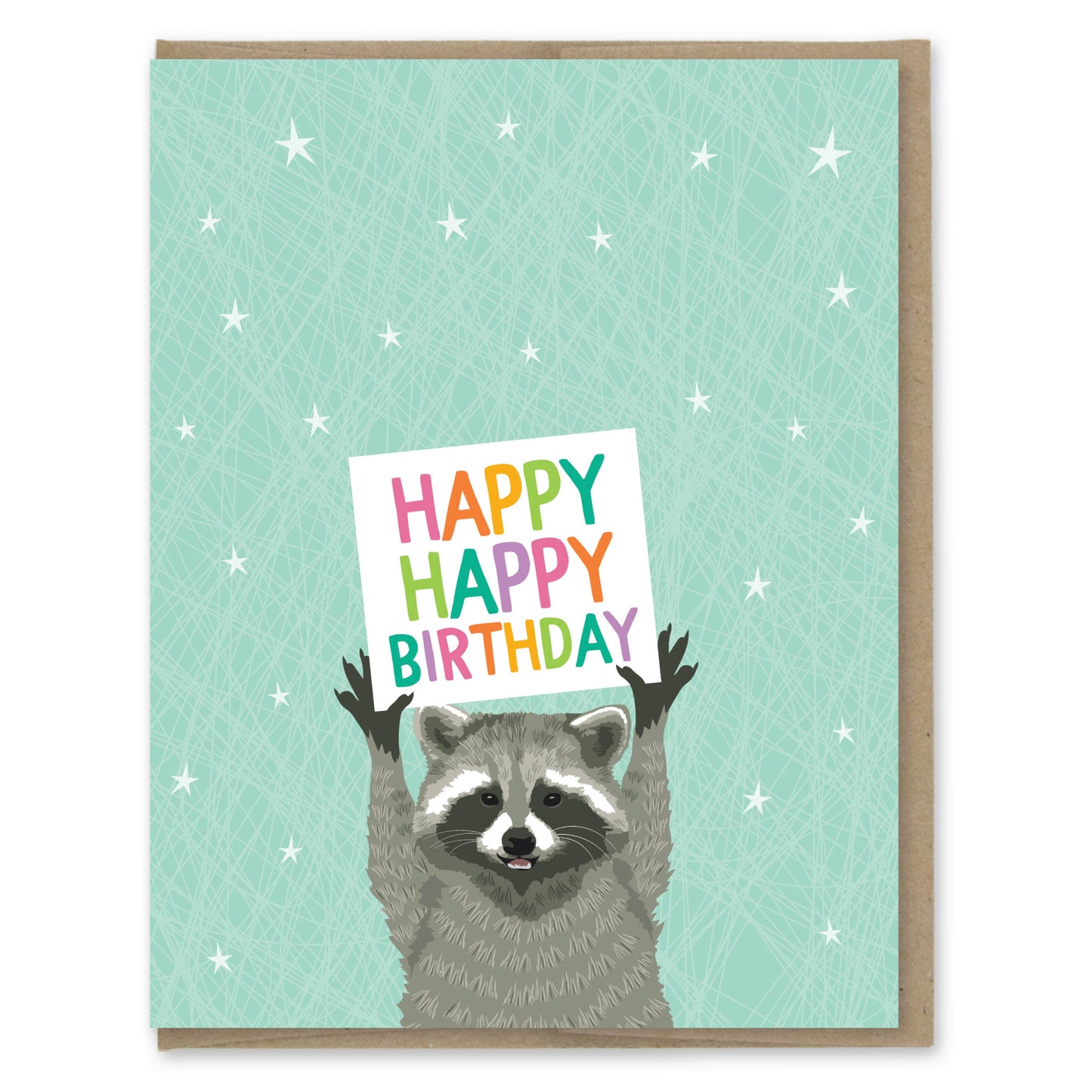 Greeting card with a raccoon holding a 'Happy Happy Birthday' sign on a teal background with star patterns.