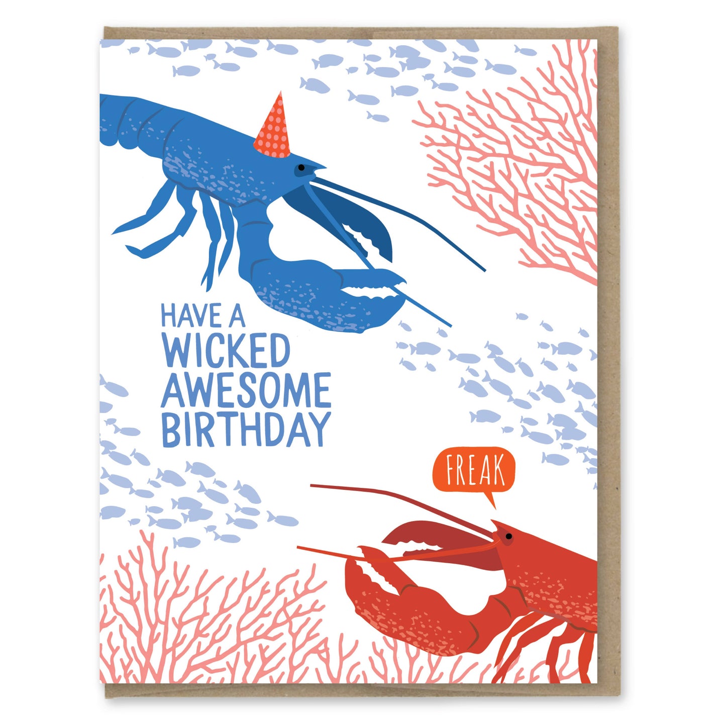 Birthday card with blue and red lobsters and text 'Have a Wicked Awesome Birthday' on a white background.