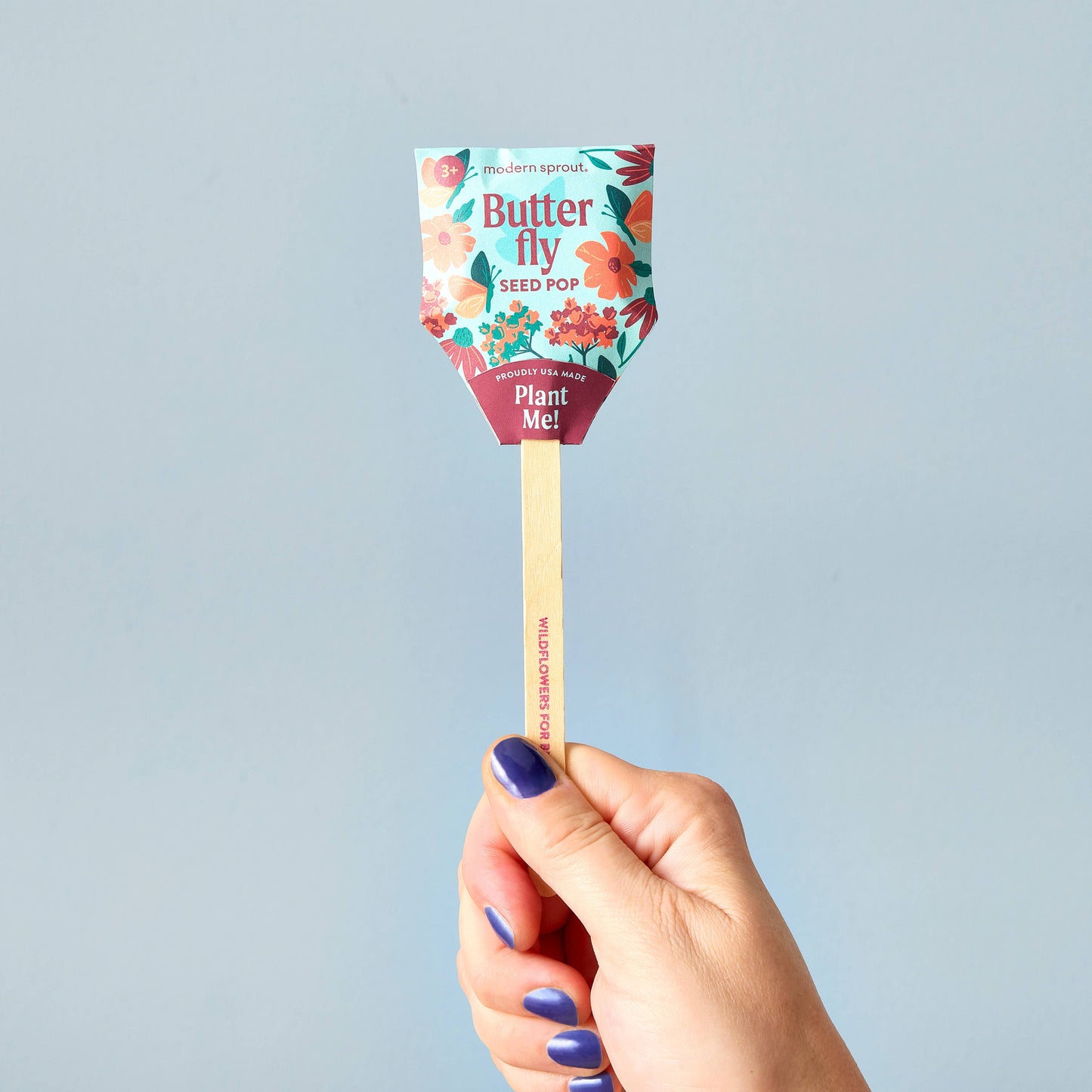 Hand holding a 'Butterfly Seed Pop' with a colorful label against a light blue background