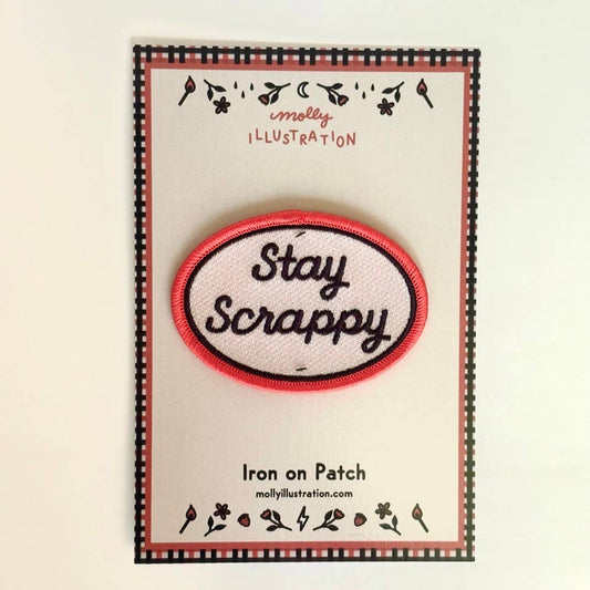 Iron on patch with 'Stay Scrappy' text on a white background