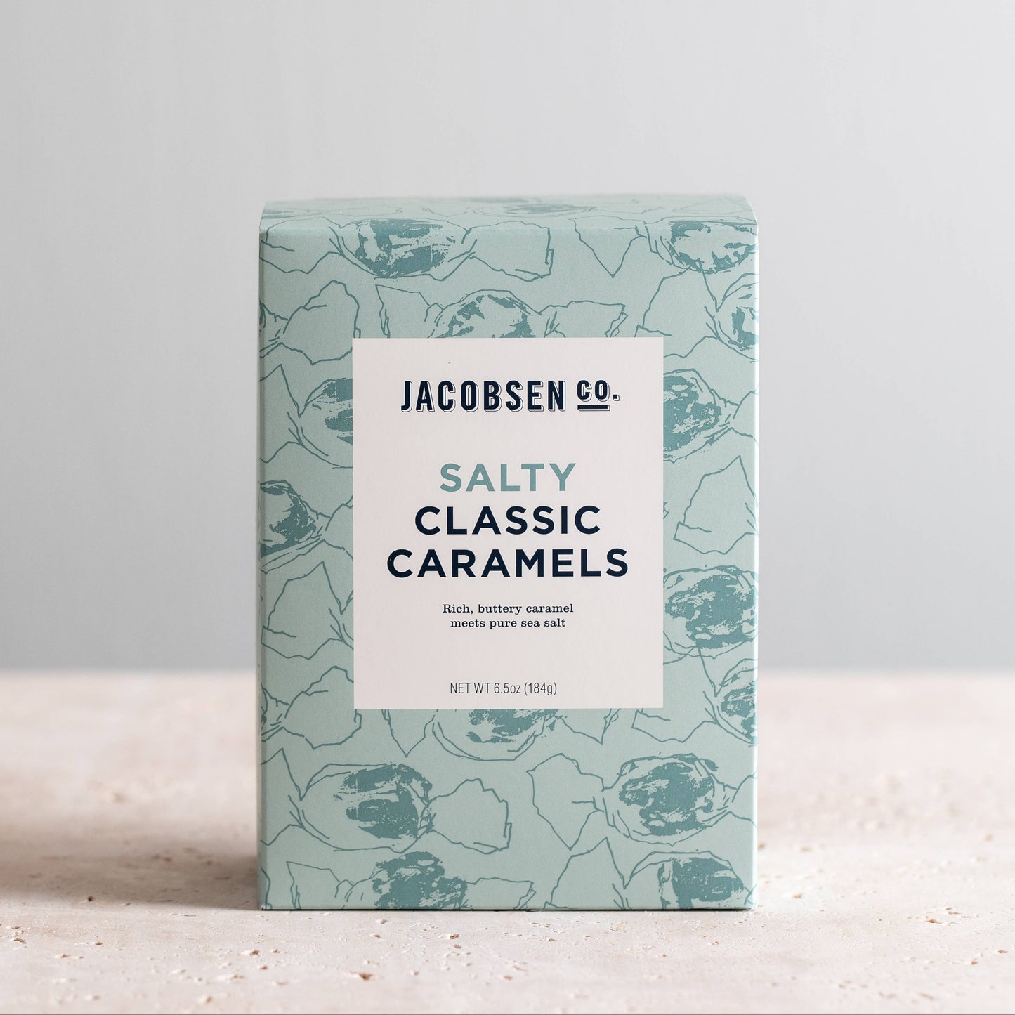 Box of Jacobsen Salty Classic Caramels on a light background