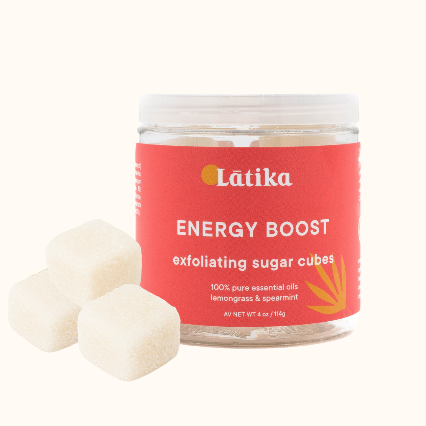 Jar of Latika Energy Boost exfoliating sugar cubes on a white background