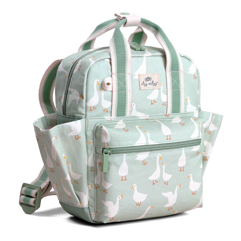 Light blue backpack with duck pattern on a white background