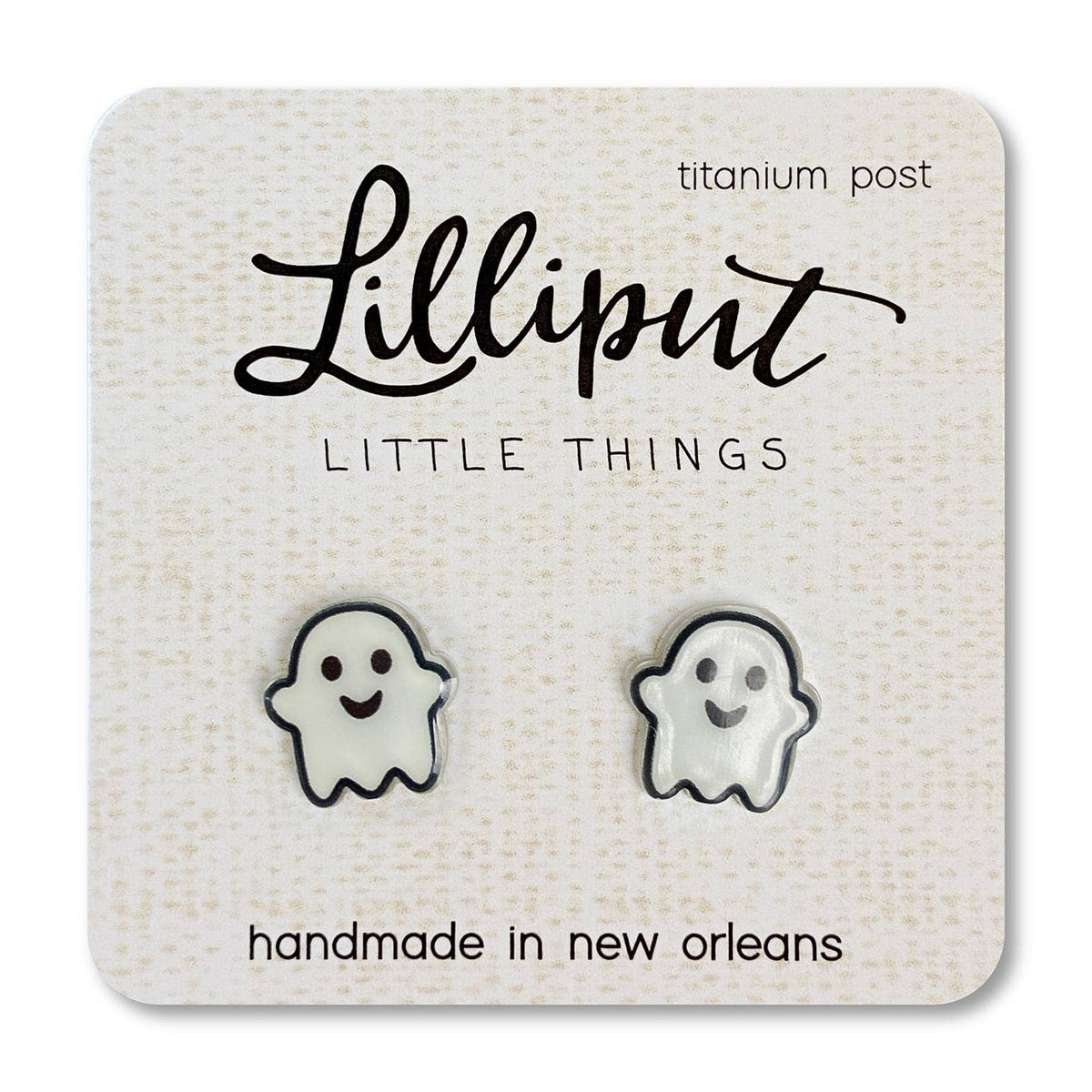 Lilliput Little Things ghost-shaped earrings on a branded card.