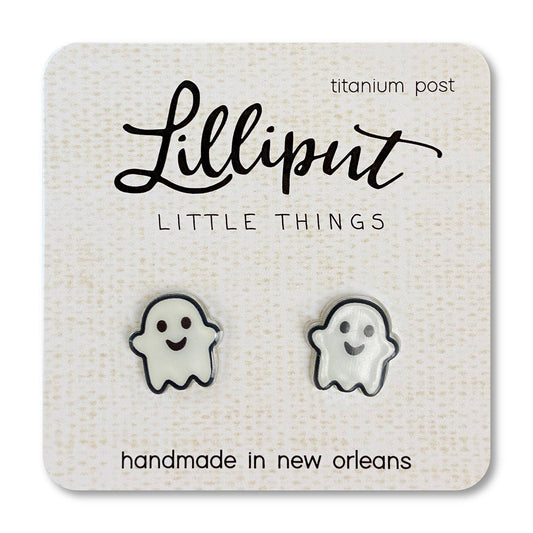 Lilliput Little Things ghost-shaped earrings on a branded card.