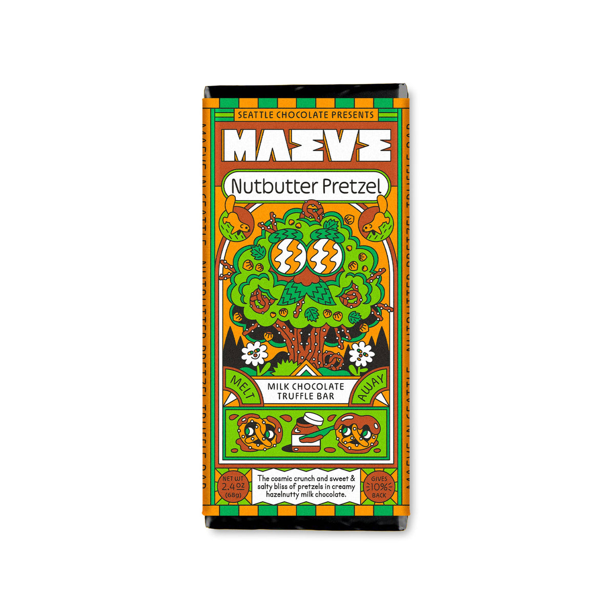 Maeve Nutbutter Pretzel chocolate bar packaging on a white background